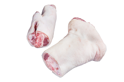 Raw pork hoof,  feet, trotters  Isolated on white background, top view