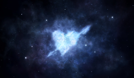 Illustration of a cosmic nebula in the shape of a heart with an arrow