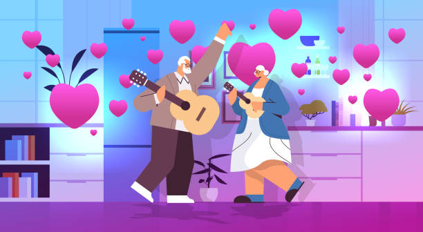 senior couple playing guitar grandparents having fun active old age concept home kitchen interior with pink love hearts valentines day celebration senior couple playing guitar grandparents having fun active old age concept home kitchen interior with pink love hearts valentines day celebration concept horizontal vector illustration senior citizen day stock illustrations
