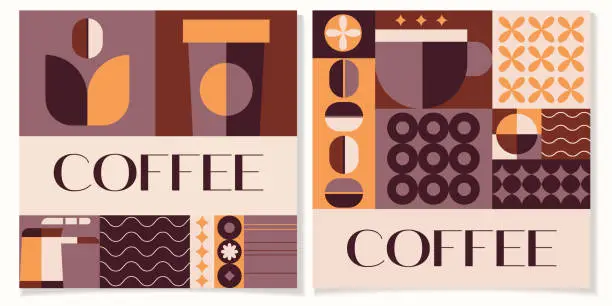 Vector illustration of Coffee geometric background in minimal retro style.International coffee day concept.Ideal for coffee shop,bakery,branding,decoration,cover design, decorative print, background.Vector