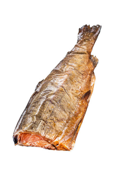 Smoked fish on a wooden plate