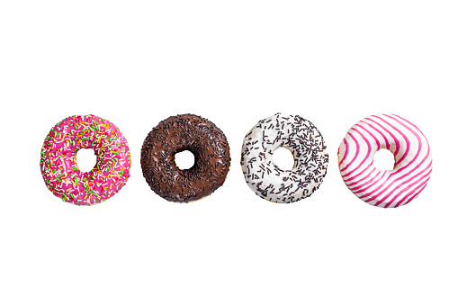 Assorted glazed donuts Isolated on white background, top view