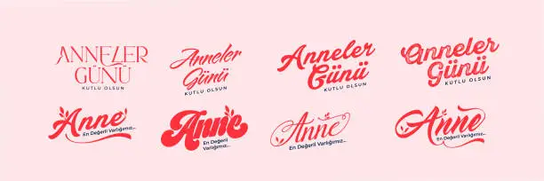 Vector illustration of Anneler Günü Kutlu Olsun tipografi set vektör tasarım Translation: Happy Mother's Day typography set vector design