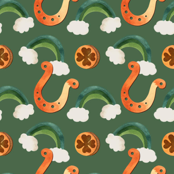 Seamless pattern with symbols of Ireland. Wrapping paper for St. Patrick's Day. Watercolor in vintage style on a green background