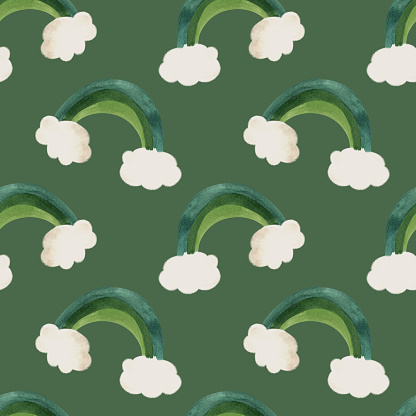 Seamless pattern with symbols of Ireland. Wrapping paper for St. Patrick's Day. Watercolor in vintage style on a green background