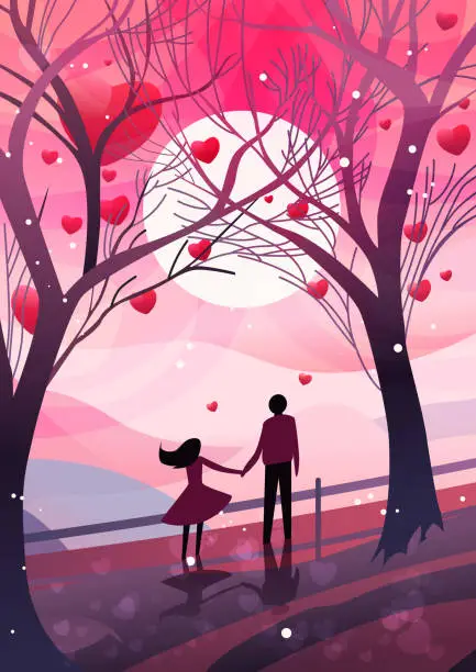 Vector illustration of man woman lovers walking in park with red hearts in air happy valentines day celebration concept landscape background full length