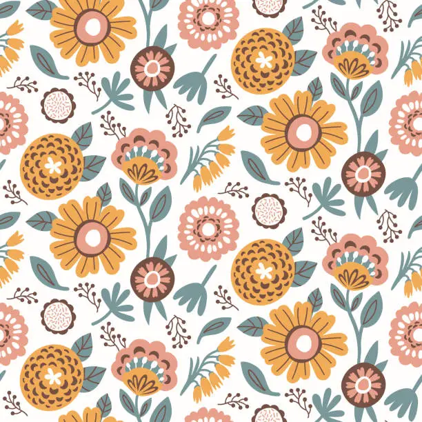 Vector illustration of Floral Seamless Pattern Flowers and Leaves in Yellow Sand Brown, Peach, Brown, Grey on White