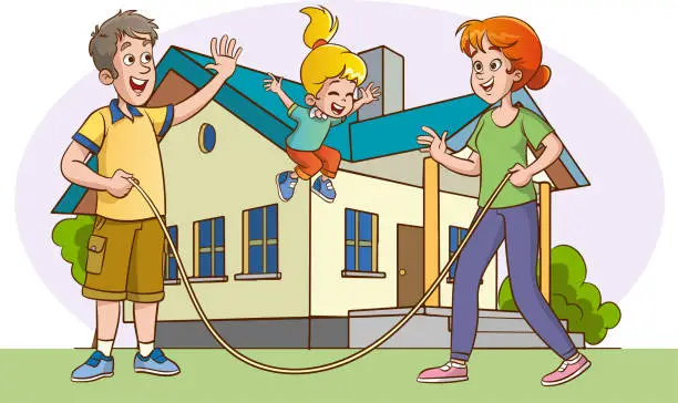 Vector illustration of Happy family playing jumping rope in front of their house. Vector illustration.