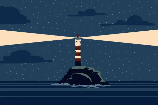 Vector illustration of Lighthouse tower on island in sea, ocean with ray of light