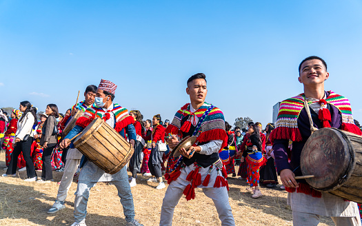 Kirat community wearing traditional dress and play musical instrument celebrating the Sakela Udhauli festival during winter season in Kathmandu, Nepal, on Saturday  January 06, 2024