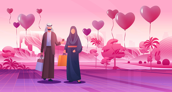 arab people with shopping bags walking city street happy valentines day celebration concept air balloons in heart shape on cityscape background full length horizontal vector illustration