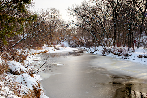 Picturesque winter river scene with snow, ice and water