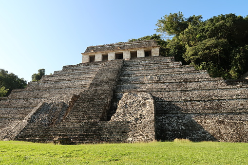 The Temple of the Inscriptions/Templo de las Inscripciones in the early morning, archaeological site of Palenque, Mexico 2022
