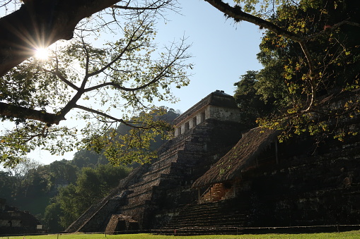 First sun light on temple of the inscriptions/templo de las inscripciones in the early morning, archaeological site of Palenque, Mexico 2022