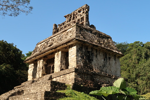 Close up on the upper part of the Temple of the Sun/Templo del Sol in the early morning at Palenque archaeological site, Mexico 2022