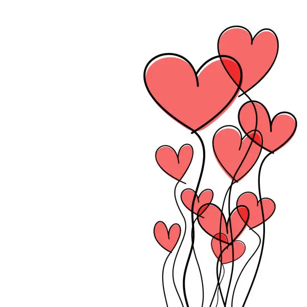 Vector illustration of Pink balloon hearts, wavy line art drawing on white background.