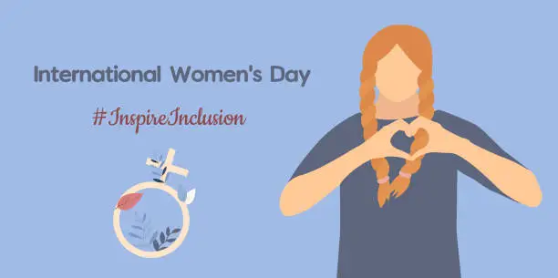 Vector illustration of Campaign 2024 #inspireinclusion. Conceptual celebration of International Women's Day. March 8. Card, template with heart shaped fingers