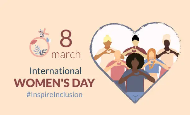 Vector illustration of Campaign 2024 #inspireinclusion. Conceptual celebration of International Women's Day. March 8. Card, template with heart shaped fingers