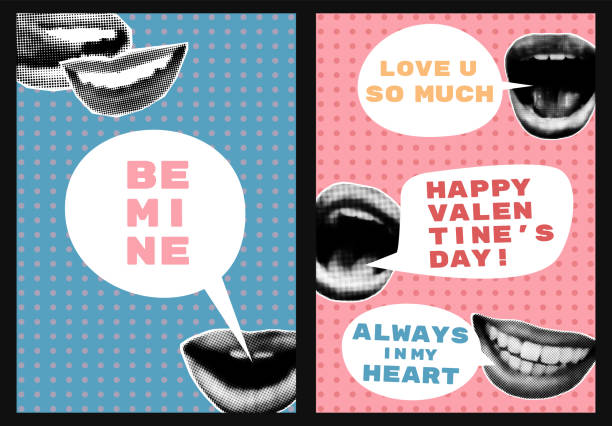 Valentines day halftone collage cards set. Lips with speech bubbles and text. Modern retro posters, postcards, banner templates, pop art vector illustration