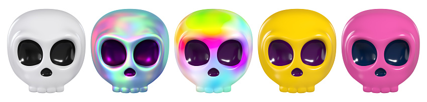 Cartoon set of colorful skulls for a fun Halloween design. 3D rendering