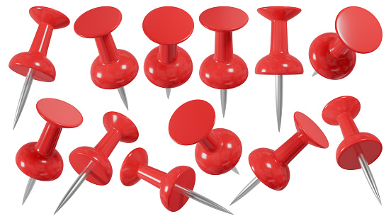 Red push pin in different angles. Realistic attach button set. 3D rendering