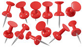 Red push pin in different angles. Realistic attach button set. 3D rendering.