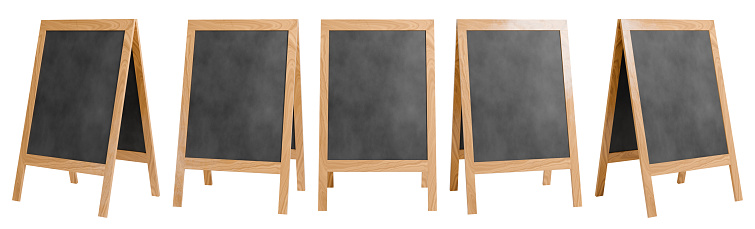 Portable street advertising board. Wooden sandwich panel with blackboard. 3D rendered set