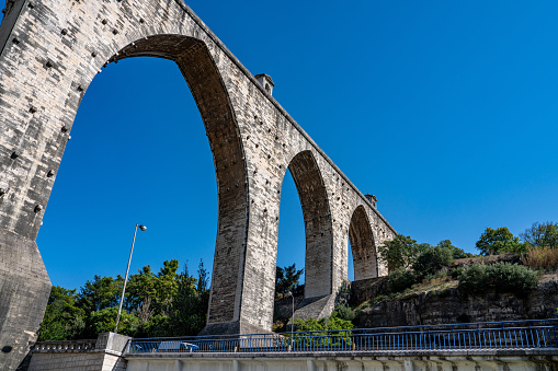 Aerial view of the Roman bridge crossing the Guadiana river in the Roman city of Merida, Spain.