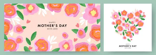 Vector illustration of Mother's Day card. Trendy banner, poster, flyer, label or cover with flowers frame, abstract floral pattern in mid century art style. Spring summer bright abstract floral design template for ads promo
