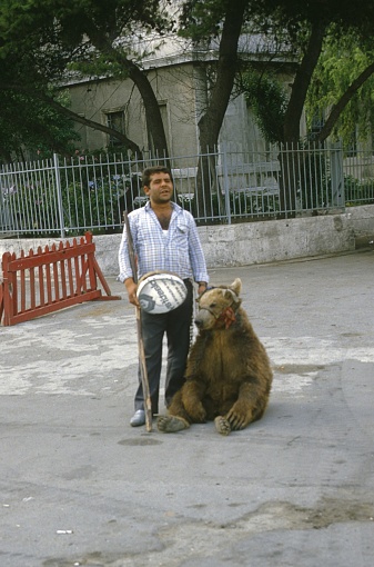 Istanbul, Türkiye, 1984. Gypsy with a bear on a street in Istanbul.