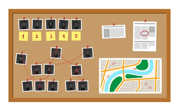 Vector illustration of Detective board vector illustration. Investigation plan with pinned photos, newspapers, map and notes for solve the crime.
