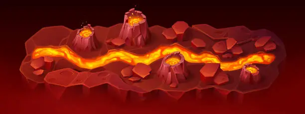 Vector illustration of Game map with river of lava flowing among craters