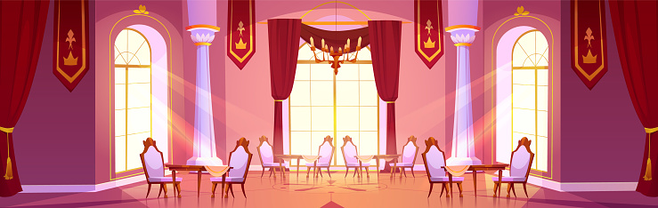 Dining room in royal palace. Vector cartoon illustration of spacious restaurant hall, vintage wooden tables and chairs, red cloth banners with golden emblem on ceiling, large victorian style windows