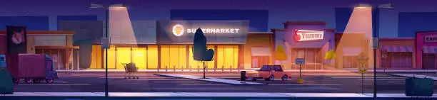 Vector illustration of Night supermarket and autos on parking lot