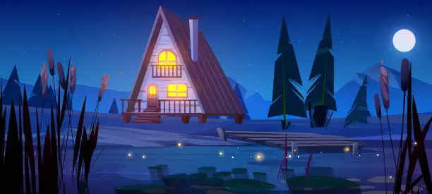 Vector illustration of Night wooden house near mountain lake