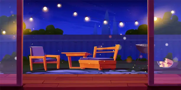 Vector illustration of Night backyard with garden furniture