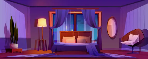 Vector illustration of Hotel bedroom interior at night