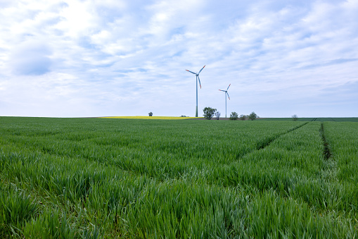 Wind generators in the distance on a green field against a cloudy sky