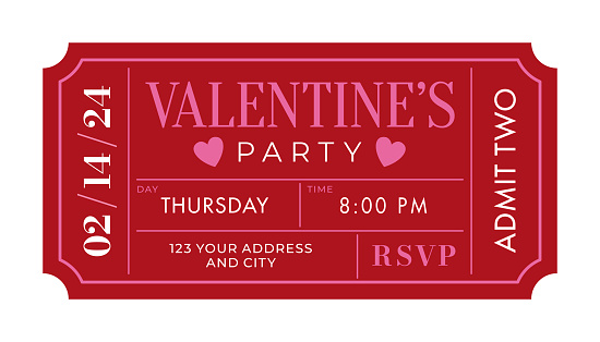 Valentine’s Day Ticket Invitation. Valentine’s Party. Valentine’s Day celebrations. Stock illustration