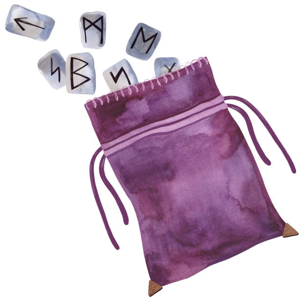 ilustraciones, imágenes clip art, dibujos animados e iconos de stock de a bag with scattered stone scandinavian runes for divination. modern witch set. isolated watercolor hand drawn illustration with golden leaf on white background - color image nobody medium group of objects painted image