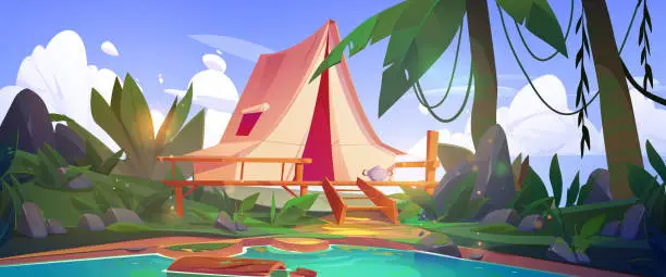 Vector illustration of Camp in tropical forest