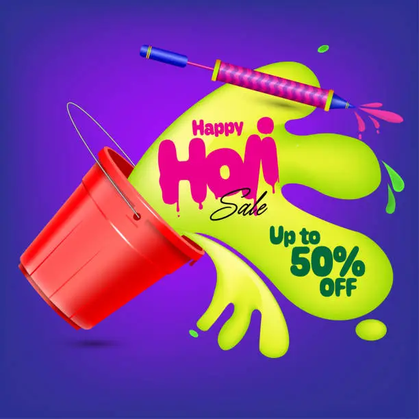 Vector illustration of Holi sale special offer template. color splash coming out from bucket.