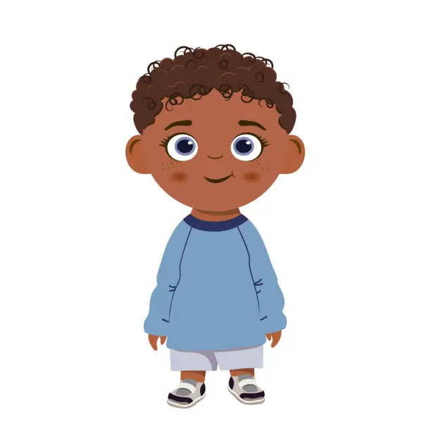 Vector illustration of Little African American.
Cute baby. Dark curly hair, big eyes, sports T-shirt, shorts, sneakers. Primary school boy. Flat vector illustration isolated on white background