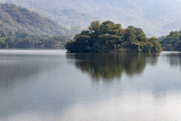 istock isolated island surrounded by pristine lake at day from flat angle 1915111848
