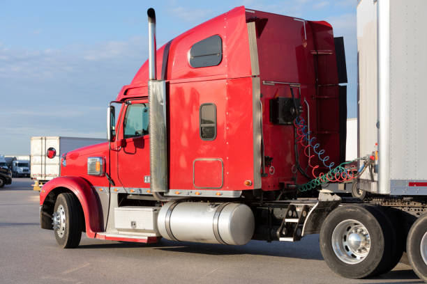 Red Truck Parked at Truck Stop stock photo