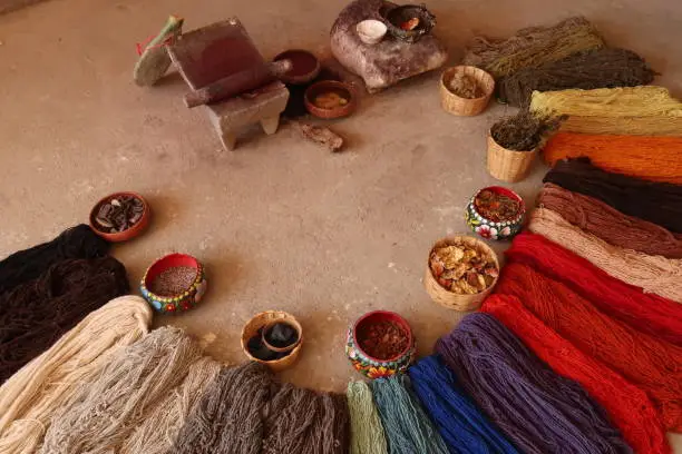 Photo of Natural ingredients that are needed to dye the threads for a traditional mexican carpet, Oaxaca, Mexico
