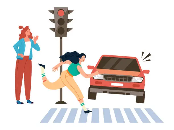 Vector illustration of Pedestrian run road on red traffic light concept. Vector flat graphic design illustration