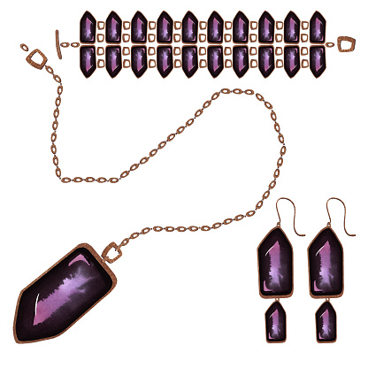 Set of large feminine bracelet, pendant and earrings with amethysts and gold chains. Watercolor gradients of pink, purple and black. Clipart. Isolated illustration on a white background. Women's jewelry.