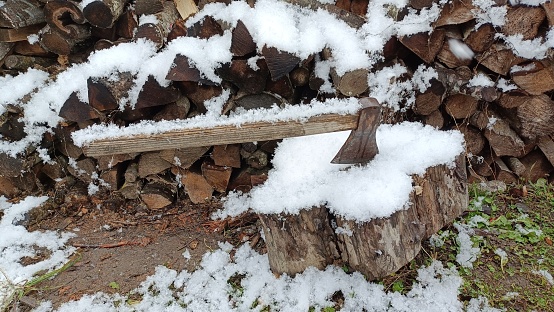 Rural wooden axe used to chop wood in pieces