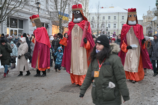 Vilnius, Lithuania - January 06, 2024: Unidentified peoples at traditional Three Kings Day procession in Vilnius, Lithuania